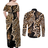 Africa Leopard Skin Pattern Couples Matching Off Shoulder Maxi Dress and Long Sleeve Button Shirt Version 02 LT9 - Wonder Print Shop