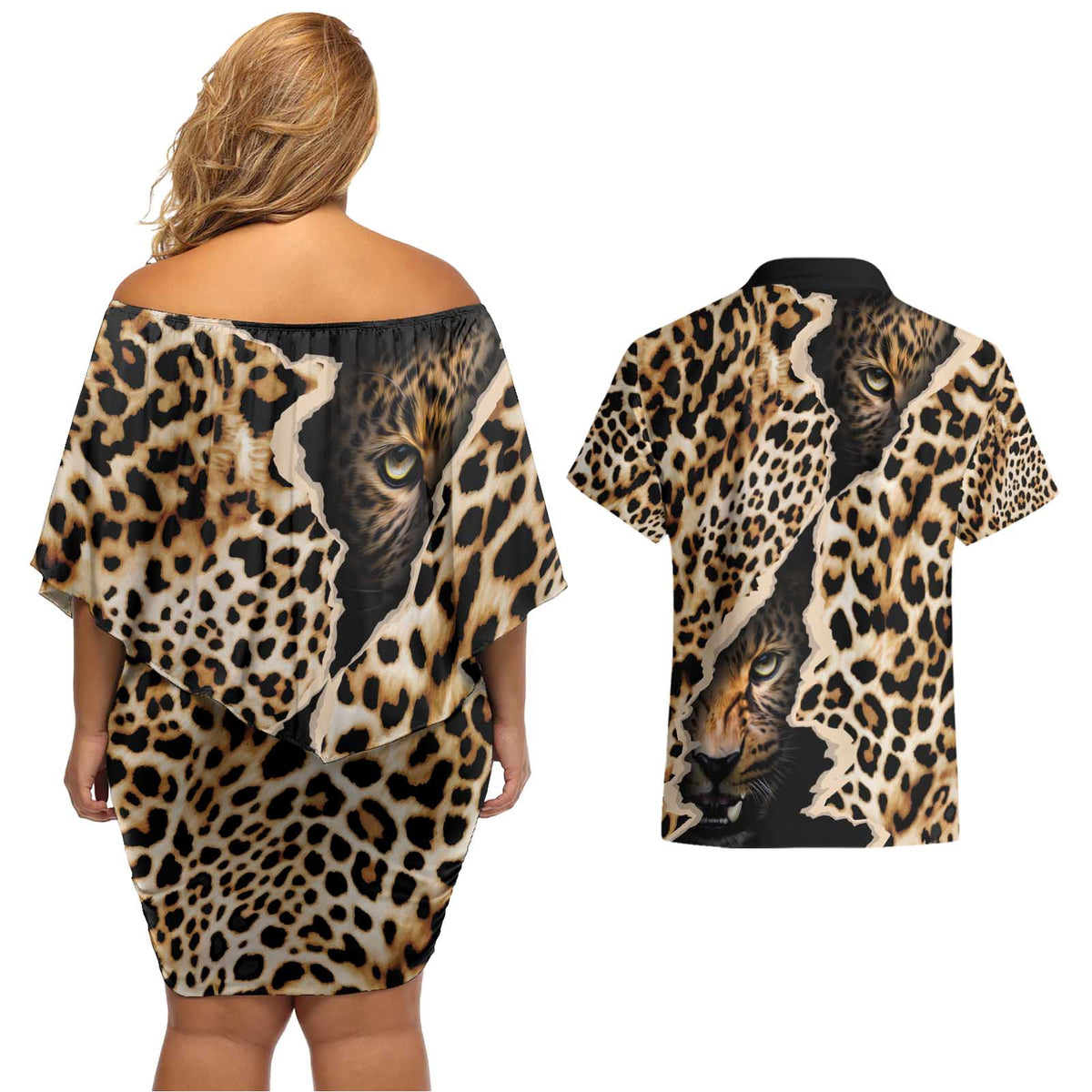 Africa Leopard Skin Pattern Couples Matching Off Shoulder Short Dress and Hawaiian Shirt Version 02 LT9 - Wonder Print Shop