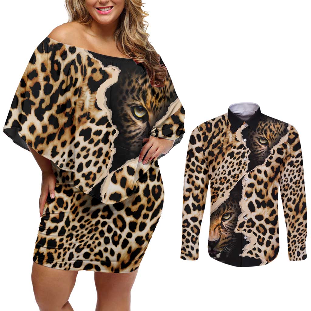 Africa Leopard Skin Pattern Couples Matching Off Shoulder Short Dress and Long Sleeve Button Shirt Version 02 LT9 - Wonder Print Shop