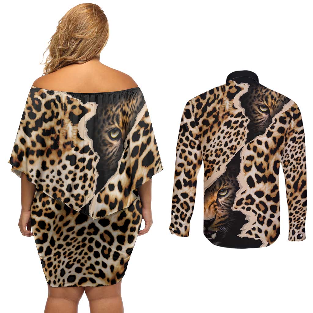 Africa Leopard Skin Pattern Couples Matching Off Shoulder Short Dress and Long Sleeve Button Shirt Version 02 LT9 - Wonder Print Shop