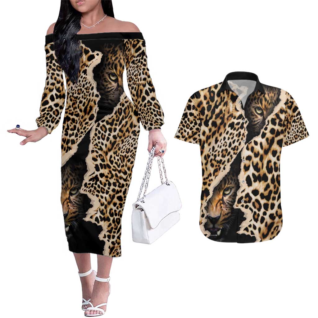 Africa Leopard Skin Pattern Couples Matching Off The Shoulder Long Sleeve Dress and Hawaiian Shirt Version 02 LT9 - Wonder Print Shop