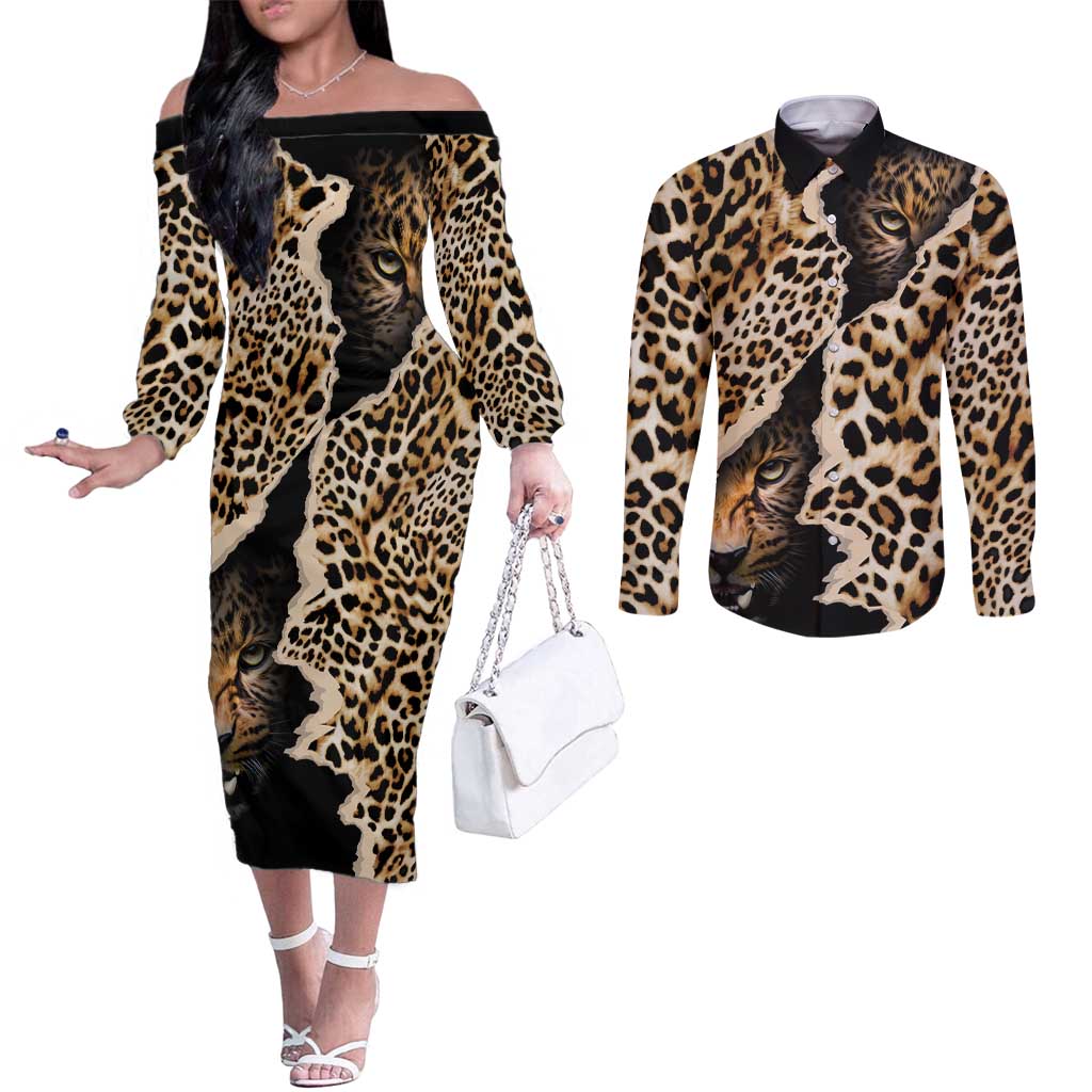Africa Leopard Skin Pattern Couples Matching Off The Shoulder Long Sleeve Dress and Long Sleeve Button Shirt Version 02