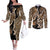 Africa Leopard Skin Pattern Couples Matching Off The Shoulder Long Sleeve Dress and Long Sleeve Button Shirt Version 02