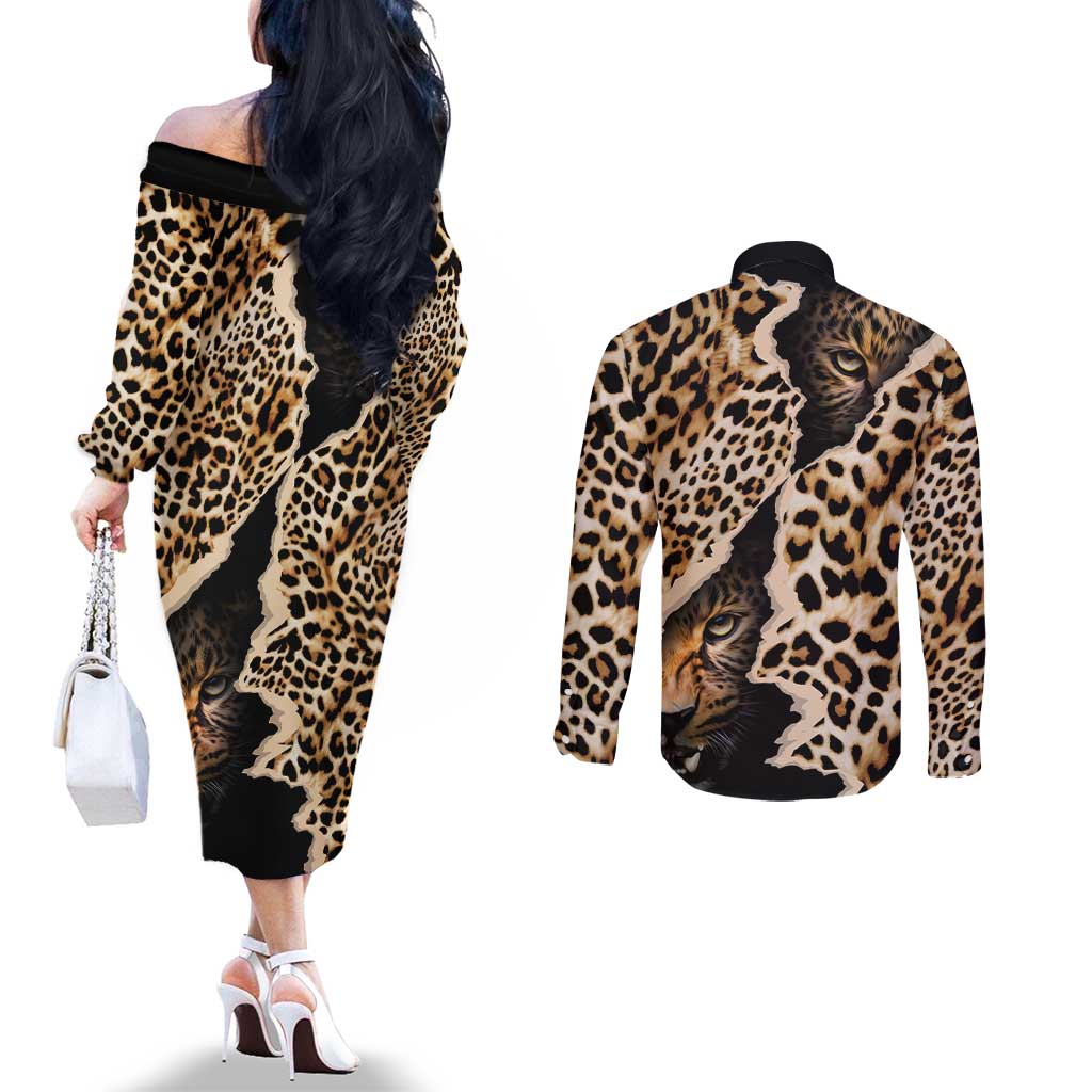 Africa Leopard Skin Pattern Couples Matching Off The Shoulder Long Sleeve Dress and Long Sleeve Button Shirt Version 02