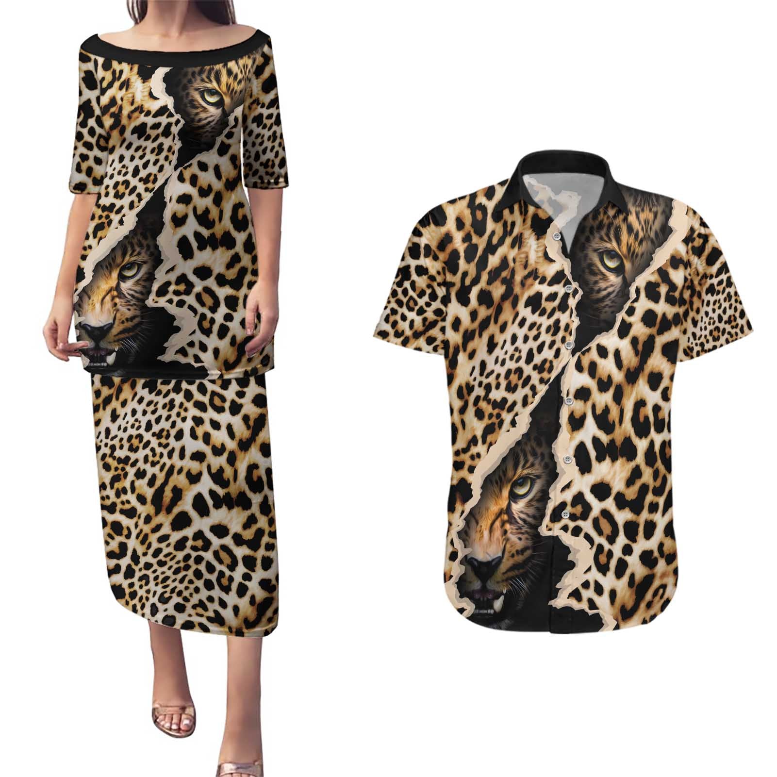 Africa Leopard Skin Pattern Couples Matching Puletasi and Hawaiian Shirt Version 02 LT9 - Wonder Print Shop