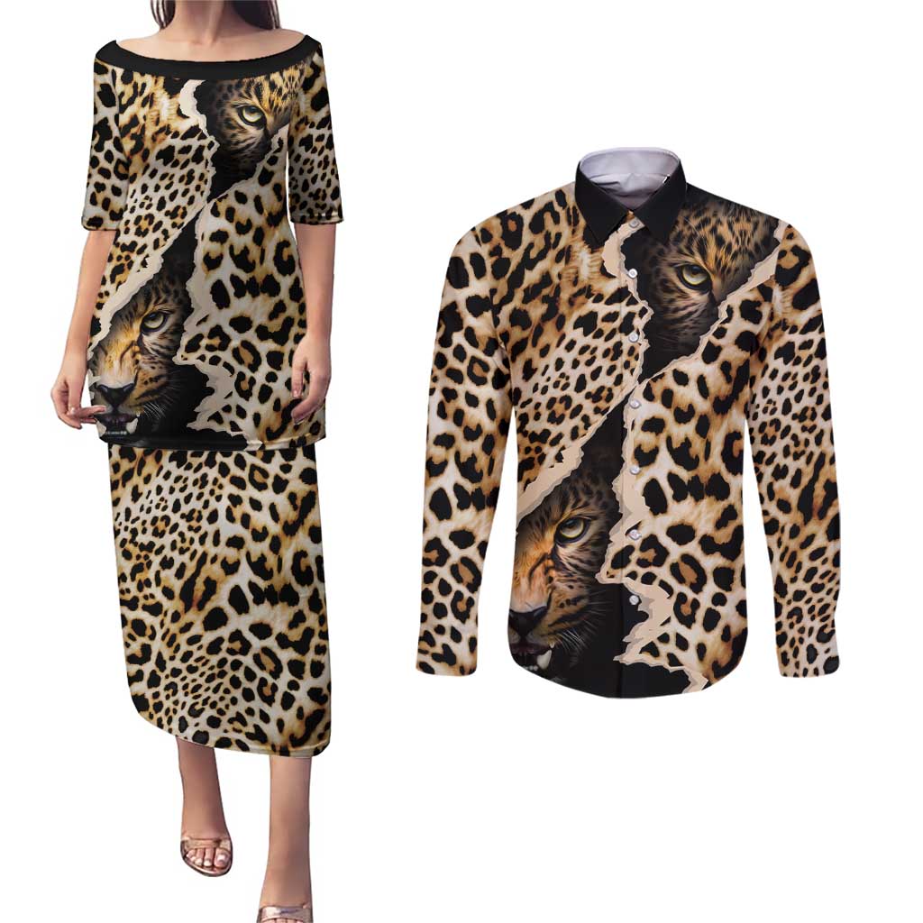 Africa Leopard Skin Pattern Couples Matching Puletasi and Long Sleeve Button Shirt Version 02 LT9 - Wonder Print Shop