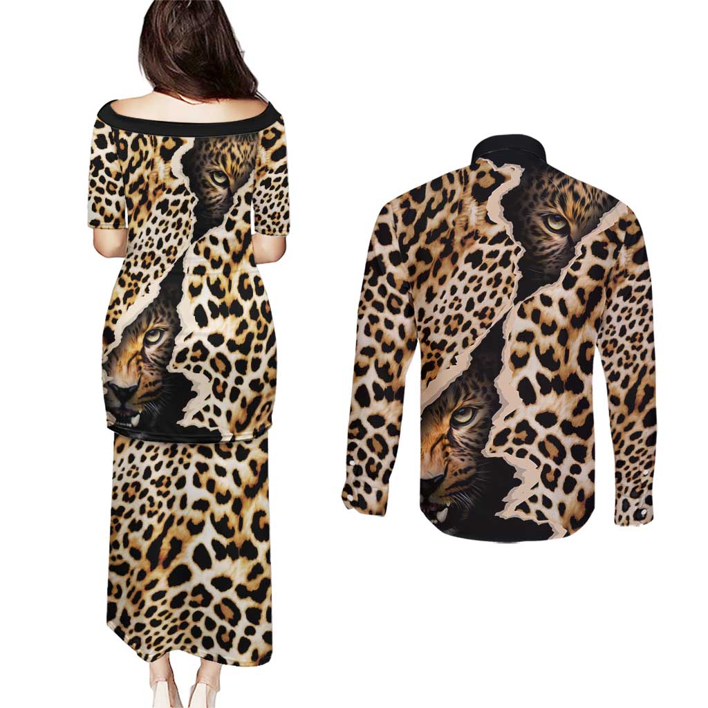 Africa Leopard Skin Pattern Couples Matching Puletasi and Long Sleeve Button Shirt Version 02 LT9 - Wonder Print Shop
