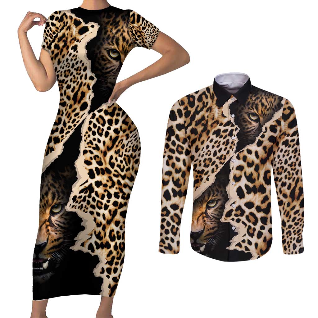 Africa Leopard Skin Pattern Couples Matching Short Sleeve Bodycon Dress and Long Sleeve Button Shirt Version 02 LT9 - Wonder Print Shop