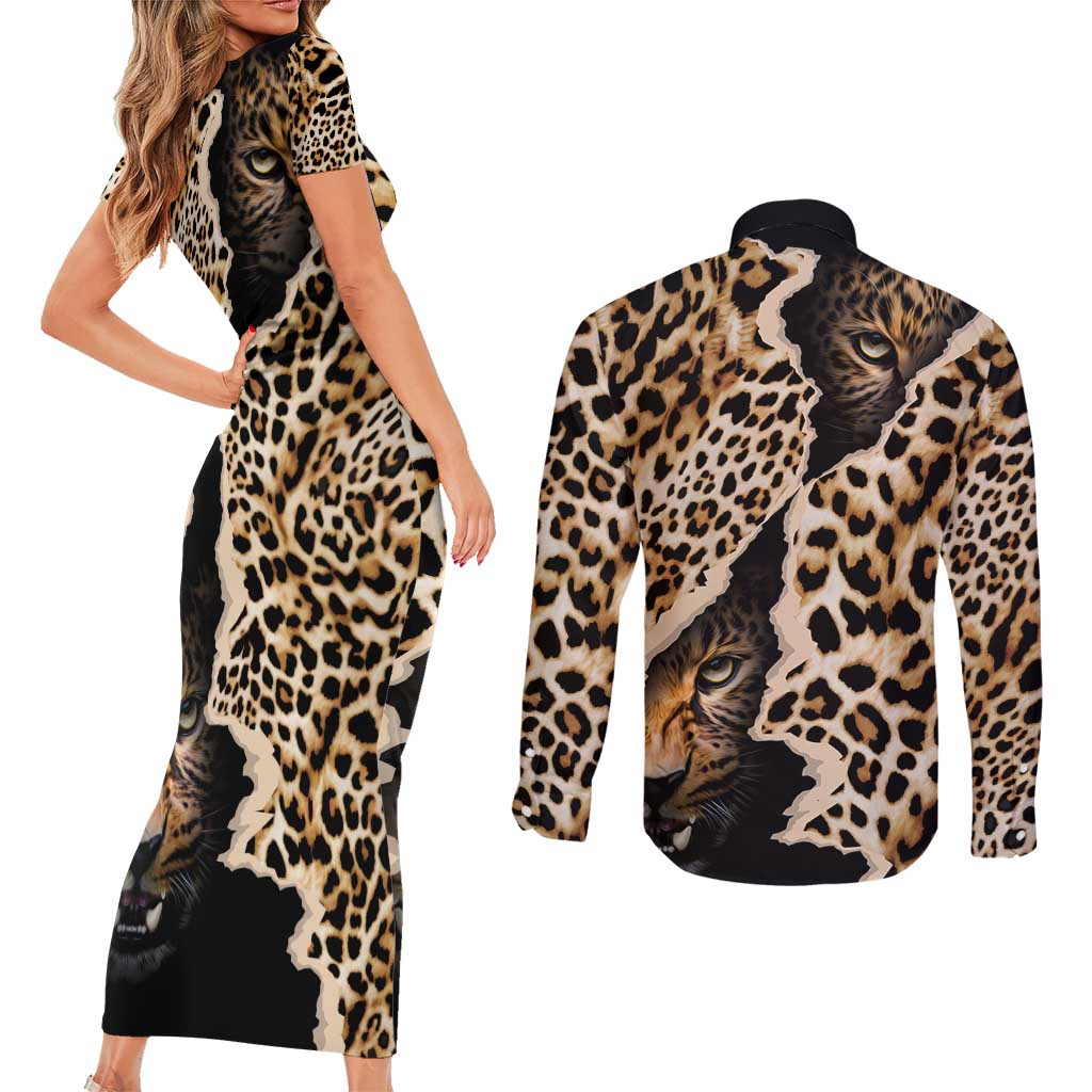 Africa Leopard Skin Pattern Couples Matching Short Sleeve Bodycon Dress and Long Sleeve Button Shirt Version 02 LT9 - Wonder Print Shop