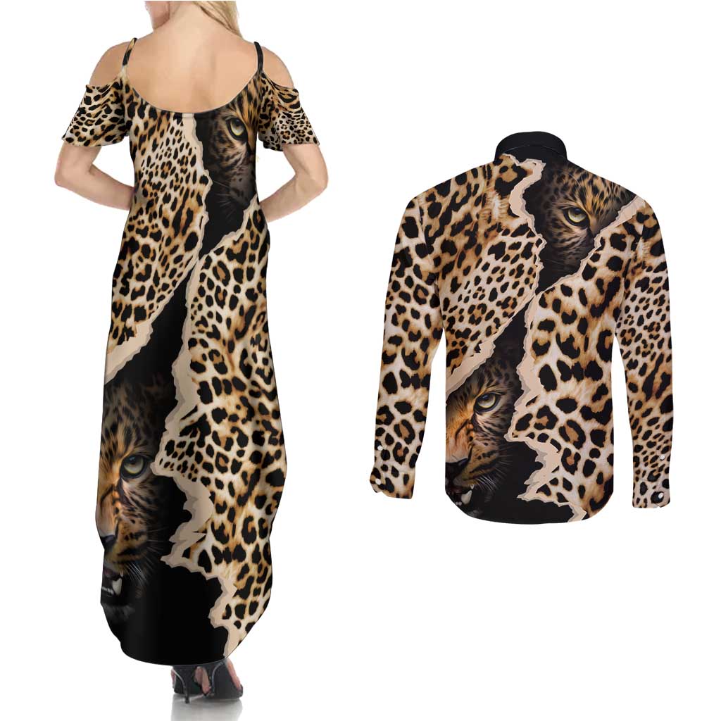 Africa Leopard Skin Pattern Couples Matching Summer Maxi Dress and Long Sleeve Button Shirt Version 02 LT9 - Wonder Print Shop