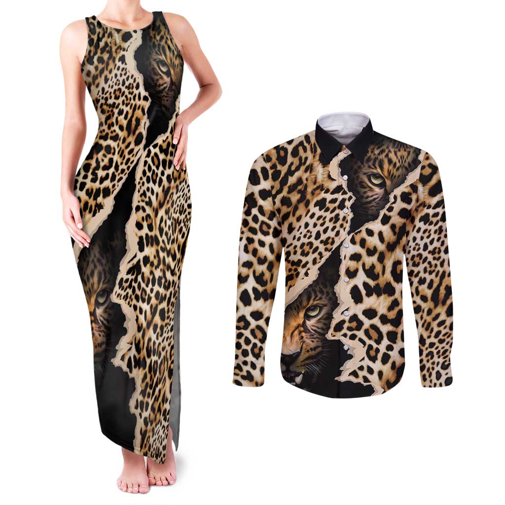 Africa Leopard Skin Pattern Couples Matching Tank Maxi Dress and Long Sleeve Button Shirt Version 02 LT9 - Wonder Print Shop