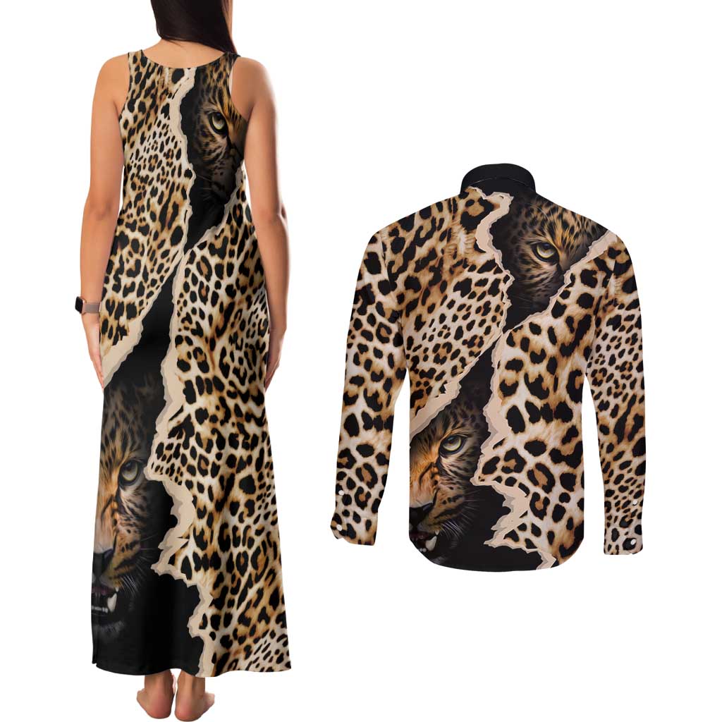 Africa Leopard Skin Pattern Couples Matching Tank Maxi Dress and Long Sleeve Button Shirt Version 02 LT9 - Wonder Print Shop