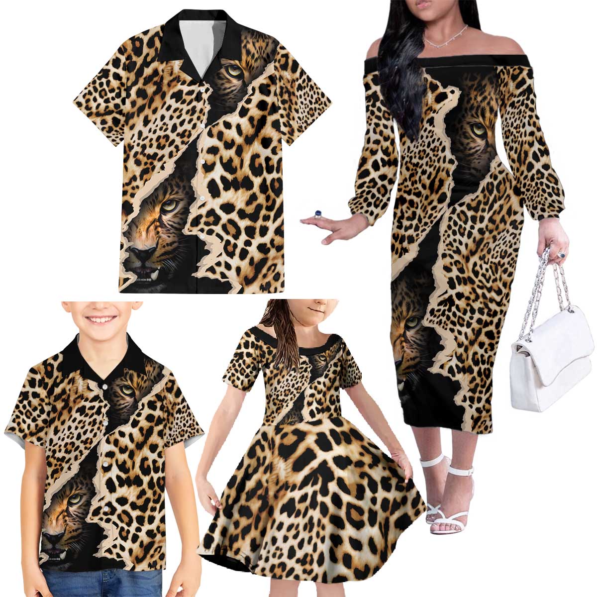Africa Leopard Skin Pattern Family Matching Off The Shoulder Long Sleeve Dress and Hawaiian Shirt Version 02 - Wonder Print Shop