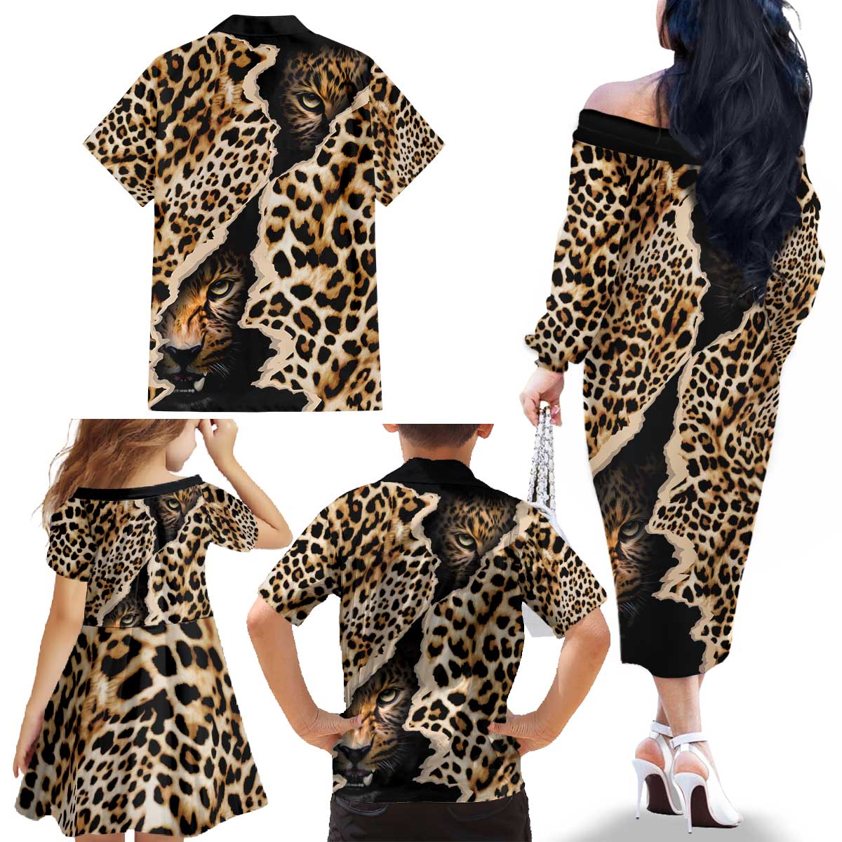 Africa Leopard Skin Pattern Family Matching Off The Shoulder Long Sleeve Dress and Hawaiian Shirt Version 02 - Wonder Print Shop