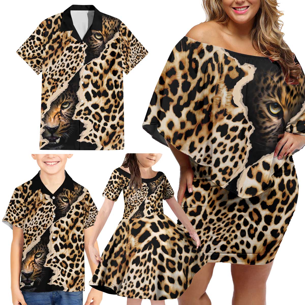 Africa Leopard Skin Pattern Family Matching Off Shoulder Short Dress and Hawaiian Shirt Version 02 LT9 - Wonder Print Shop