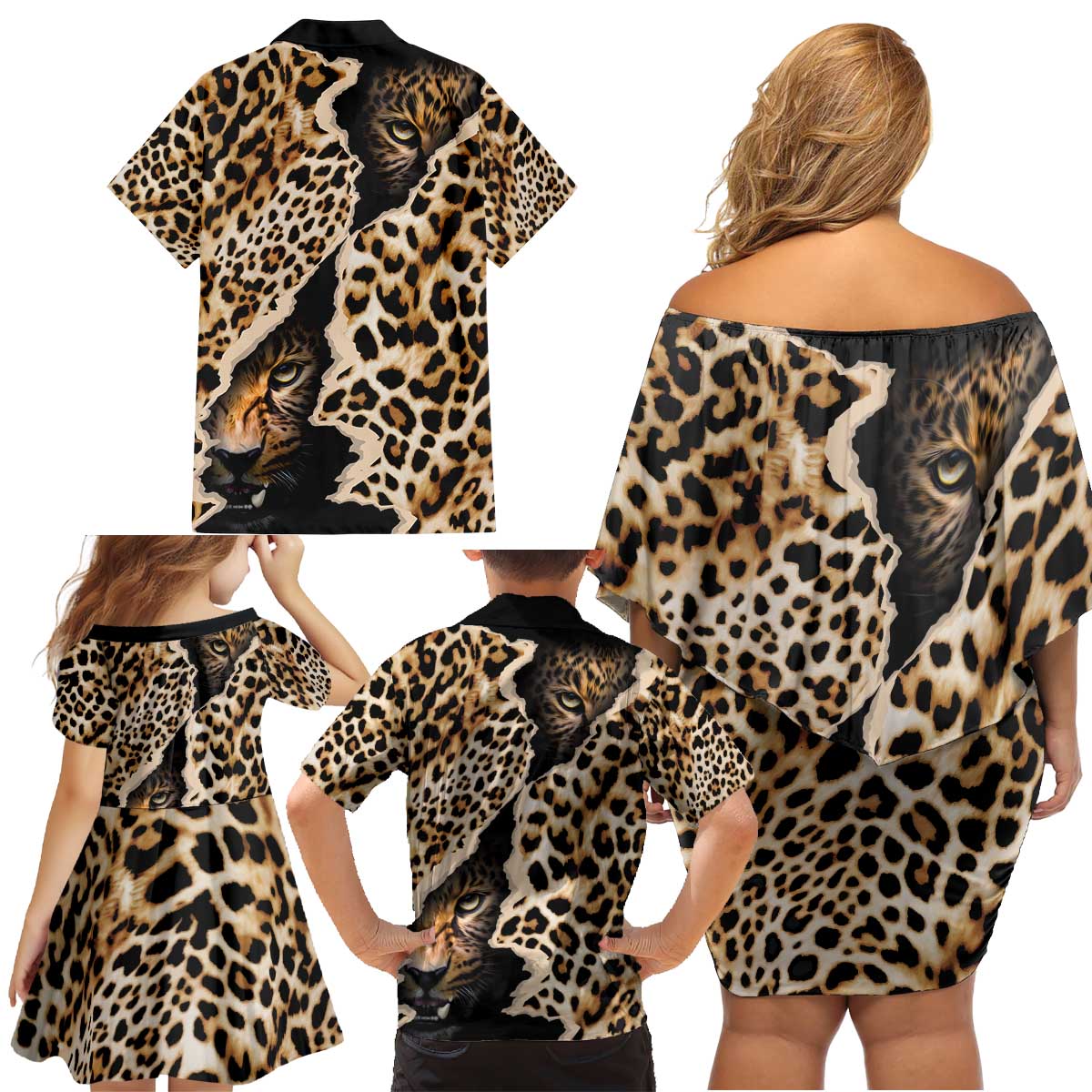 Africa Leopard Skin Pattern Family Matching Off Shoulder Short Dress and Hawaiian Shirt Version 02 LT9 - Wonder Print Shop