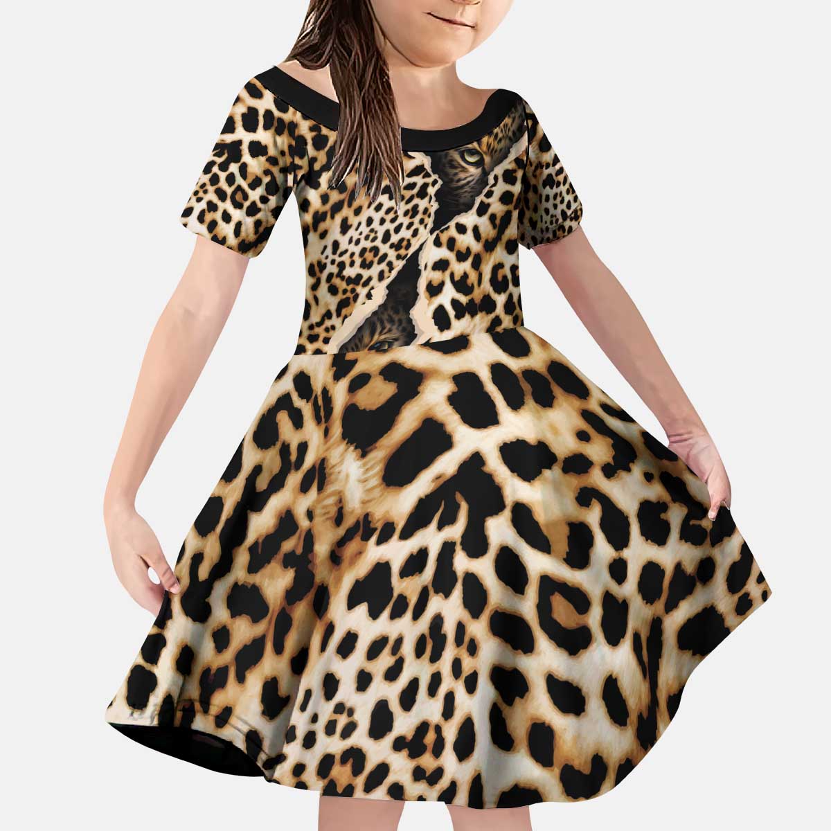 Africa Leopard Skin Pattern Kid Short Sleeve Dress Version 02 - Wonder Print Shop