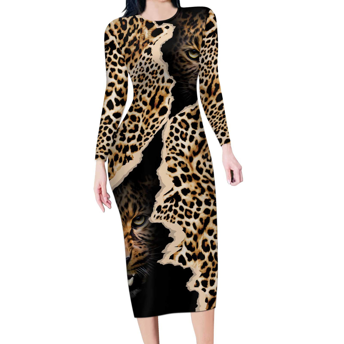 Africa Leopard Skin Pattern Long Sleeve Bodycon Dress Version 02 - Wonder Print Shop
