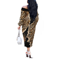 Africa Leopard Skin Pattern Off The Shoulder Long Sleeve Dress Version 02 - Wonder Print Shop