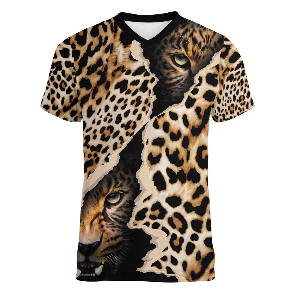 Africa Leopard Skin Pattern Women V-Neck T-Shirt Version 02 - Wonder Print Shop