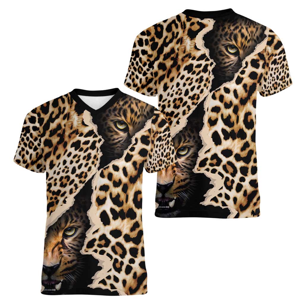 Africa Leopard Skin Pattern Women V-Neck T-Shirt Version 02 - Wonder Print Shop