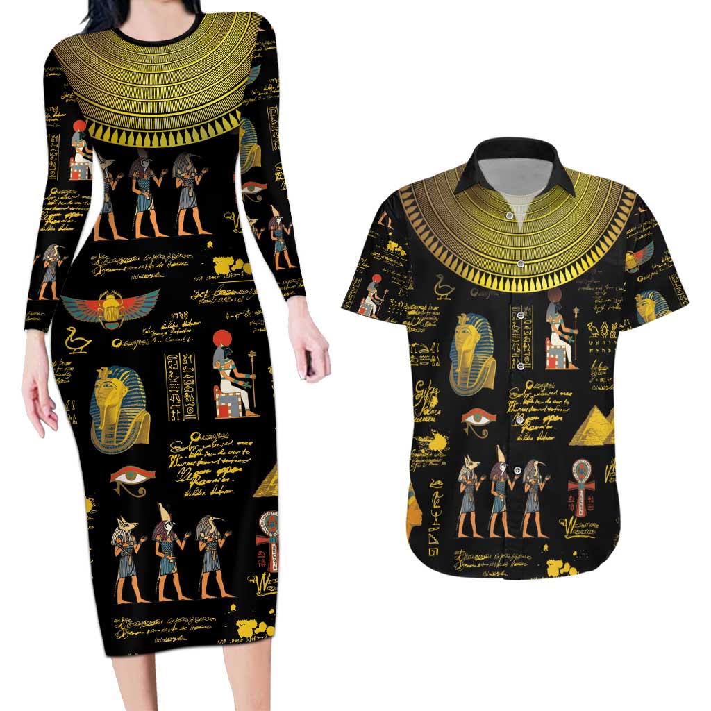 Ancient Egypt and Hieroglyphs Couples Matching Long Sleeve Bodycon Dress and Hawaiian Shirt LT9 - Wonder Print Shop