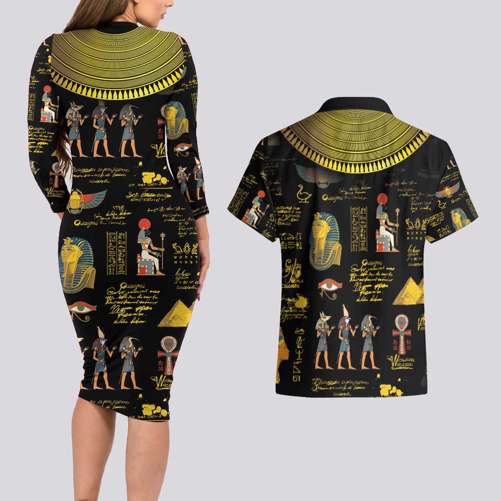 Ancient Egypt and Hieroglyphs Couples Matching Long Sleeve Bodycon Dress and Hawaiian Shirt LT9 - Wonder Print Shop