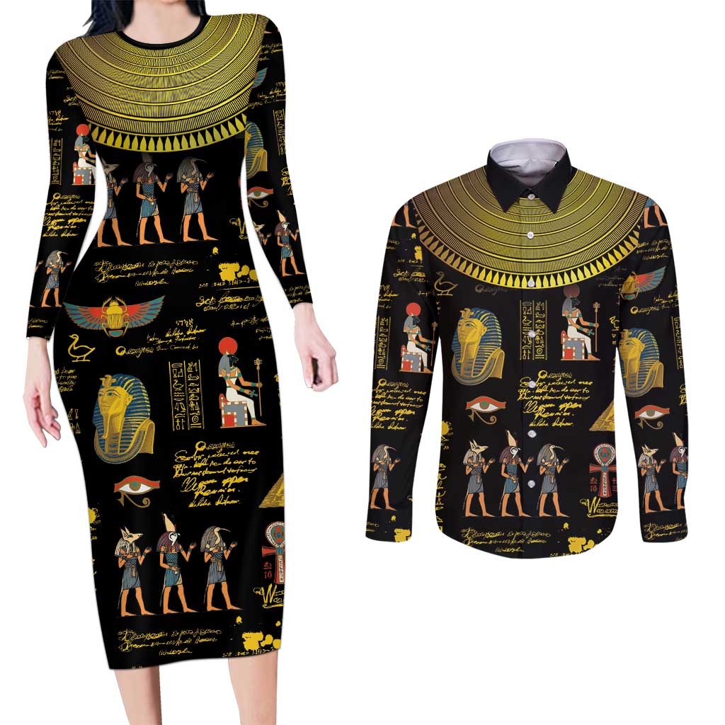 Ancient Egypt and Hieroglyphs Couples Matching Long Sleeve Bodycon Dress and Long Sleeve Button Shirt LT9 - Wonder Print Shop