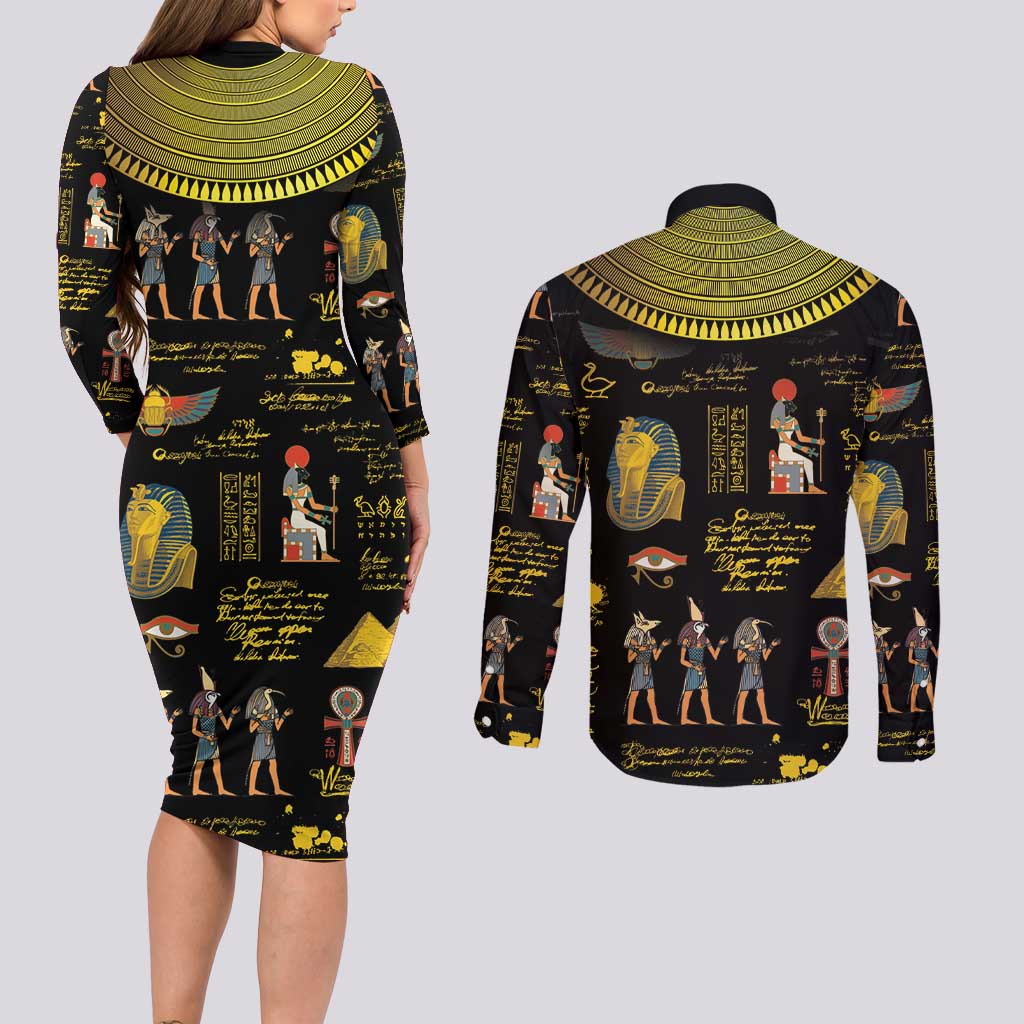 Ancient Egypt and Hieroglyphs Couples Matching Long Sleeve Bodycon Dress and Long Sleeve Button Shirt LT9 - Wonder Print Shop