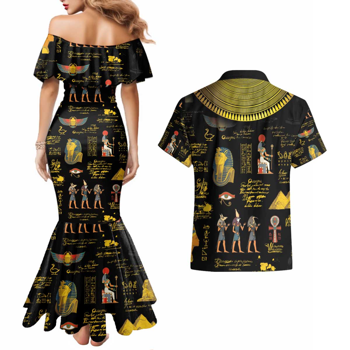 Ancient Egypt and Hieroglyphs Couples Matching Mermaid Dress and Hawaiian Shirt LT9 - Wonder Print Shop