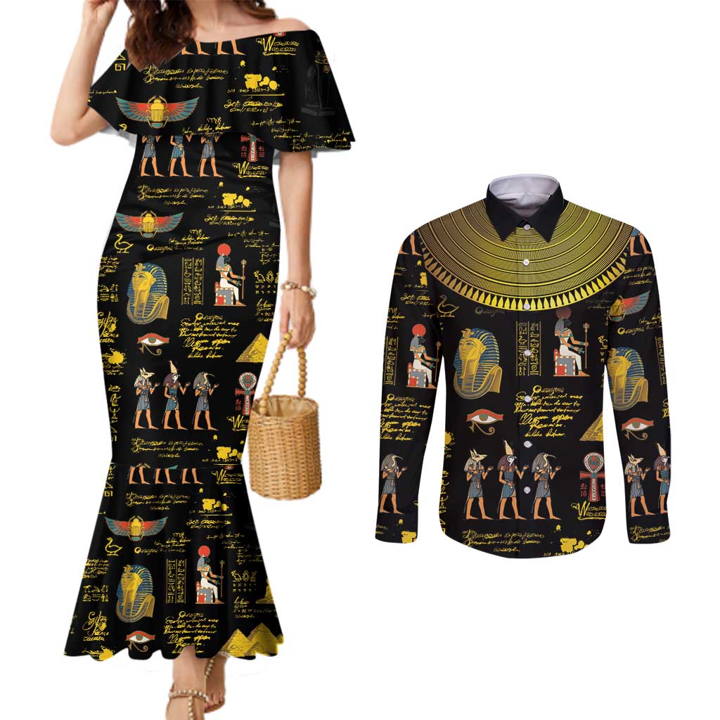 Ancient Egypt and Hieroglyphs Couples Matching Mermaid Dress and Long Sleeve Button Shirt