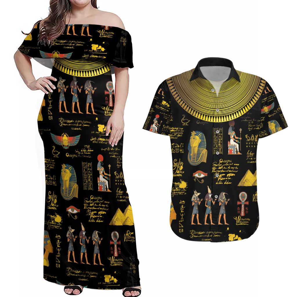Ancient Egypt and Hieroglyphs Couples Matching Off Shoulder Maxi Dress and Hawaiian Shirt LT9 - Wonder Print Shop