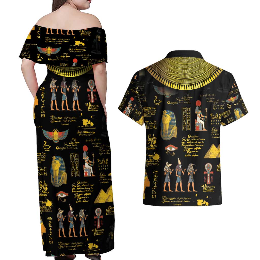 Ancient Egypt and Hieroglyphs Couples Matching Off Shoulder Maxi Dress and Hawaiian Shirt LT9 - Wonder Print Shop