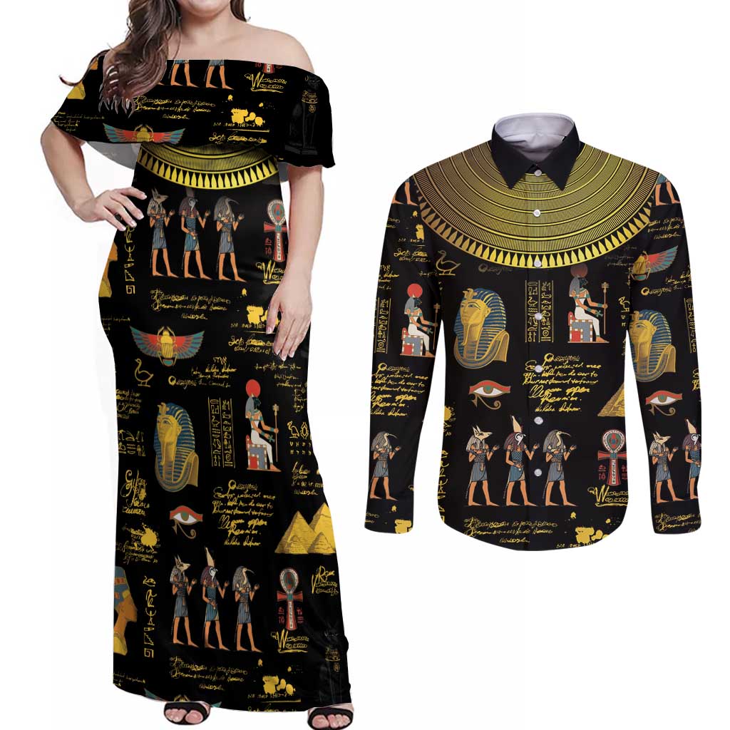 Ancient Egypt and Hieroglyphs Couples Matching Off Shoulder Maxi Dress and Long Sleeve Button Shirt LT9 - Wonder Print Shop