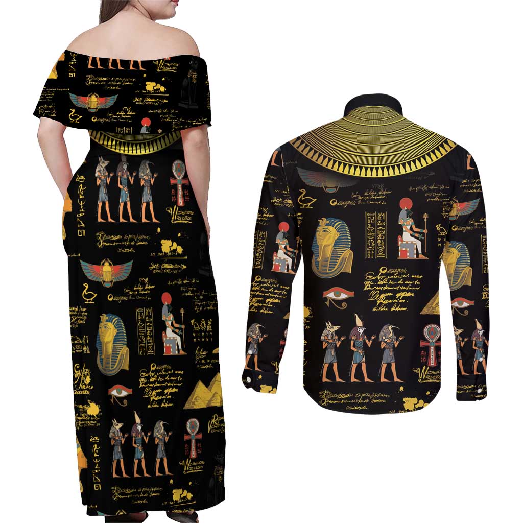 Ancient Egypt and Hieroglyphs Couples Matching Off Shoulder Maxi Dress and Long Sleeve Button Shirt LT9 - Wonder Print Shop