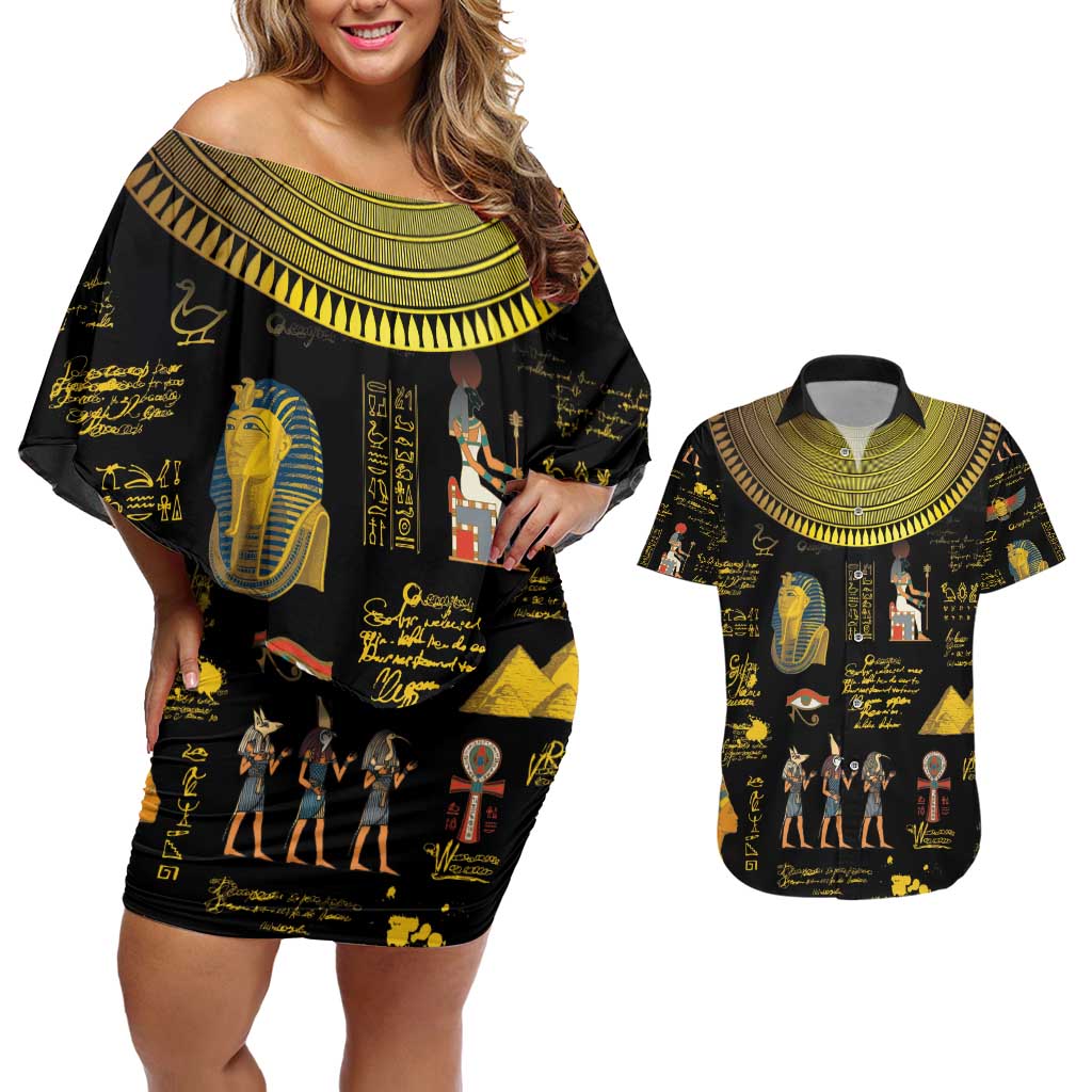 Ancient Egypt and Hieroglyphs Couples Matching Off Shoulder Short Dress and Hawaiian Shirt LT9 - Wonder Print Shop