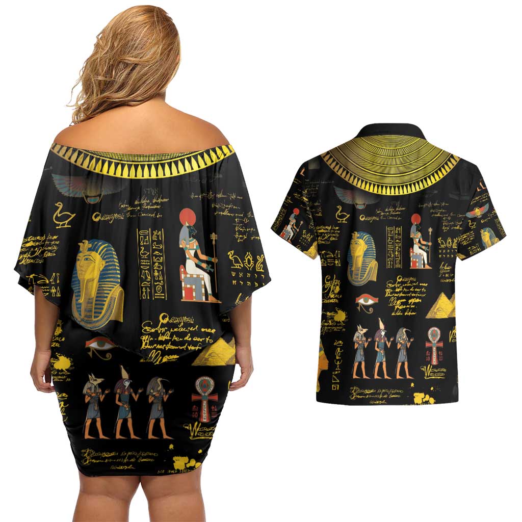 Ancient Egypt and Hieroglyphs Couples Matching Off Shoulder Short Dress and Hawaiian Shirt LT9 - Wonder Print Shop