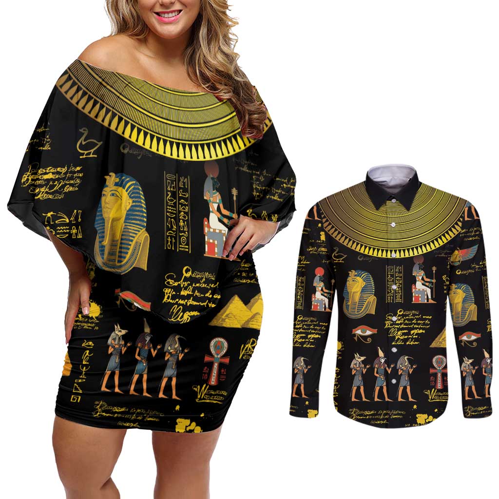 Ancient Egypt and Hieroglyphs Couples Matching Off Shoulder Short Dress and Long Sleeve Button Shirt LT9 - Wonder Print Shop