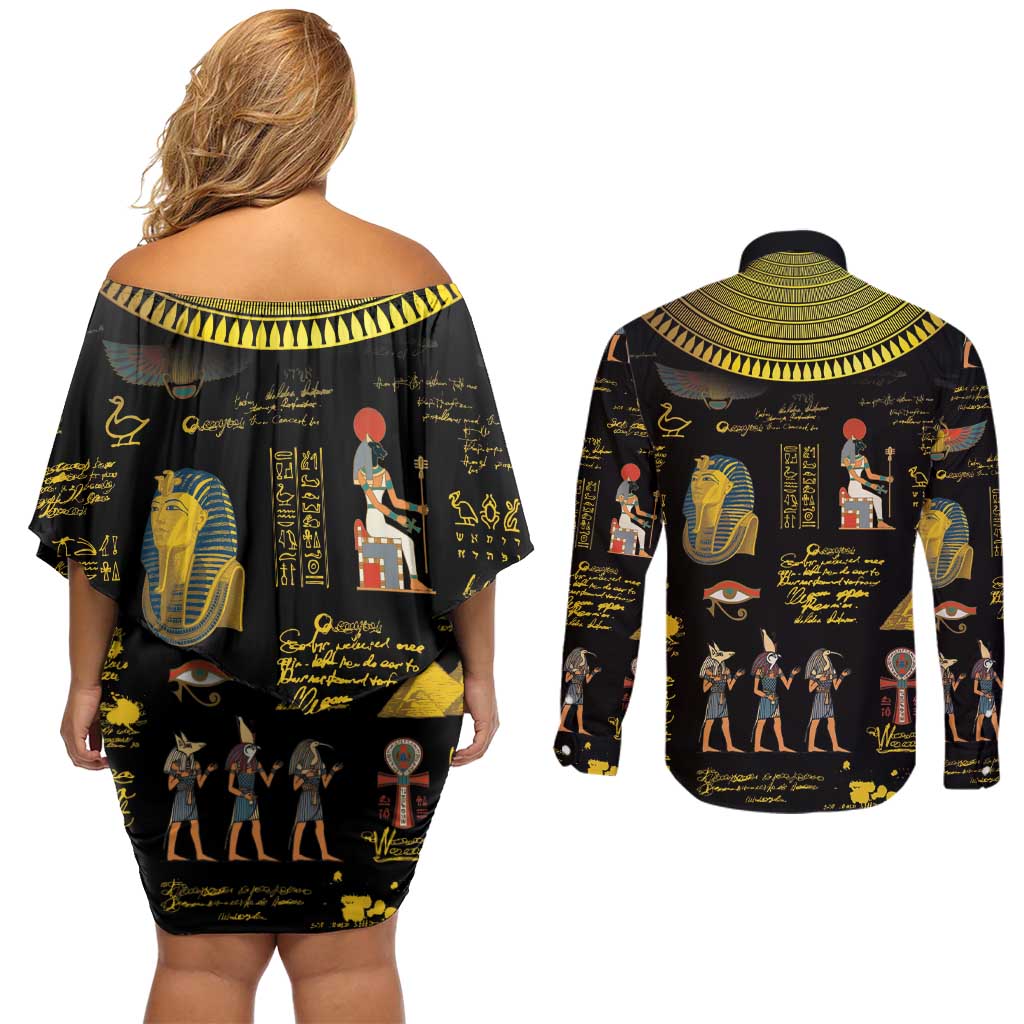 Ancient Egypt and Hieroglyphs Couples Matching Off Shoulder Short Dress and Long Sleeve Button Shirt LT9 - Wonder Print Shop