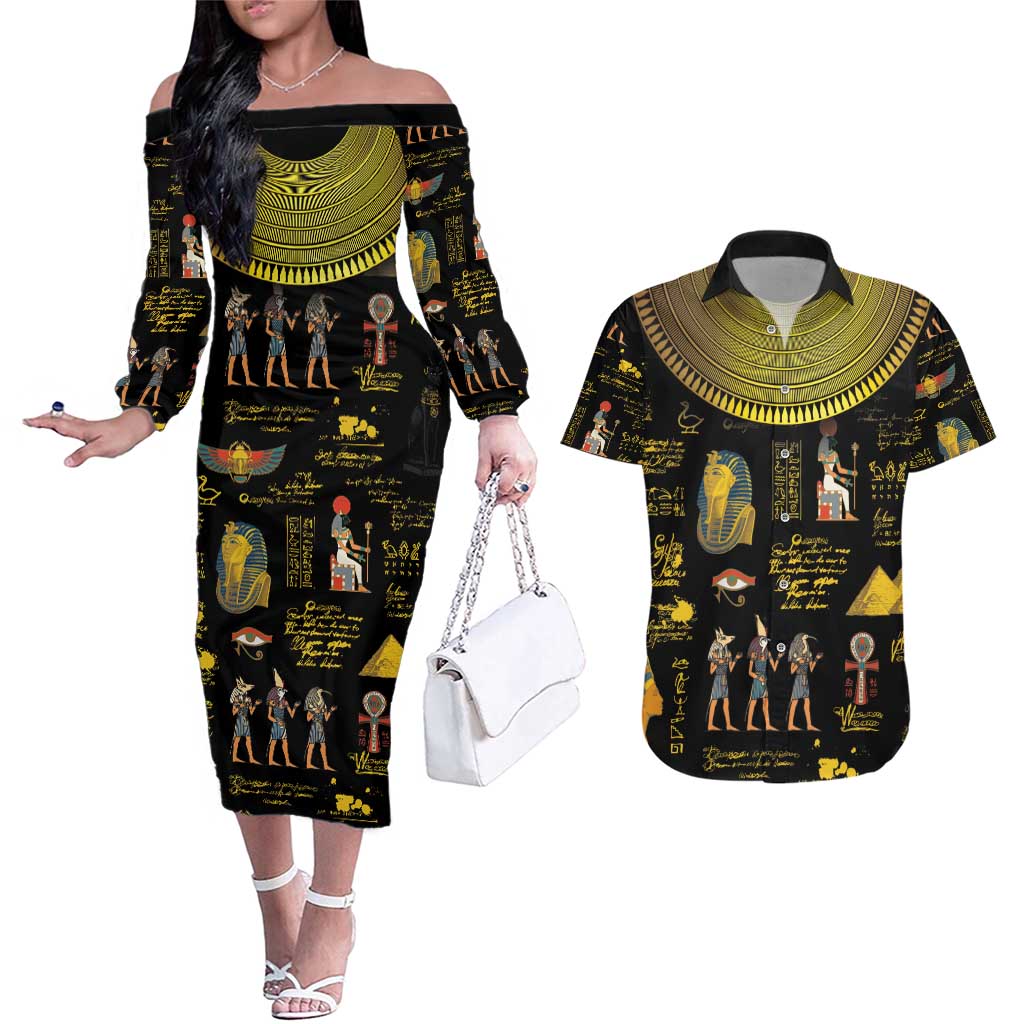 Ancient Egypt and Hieroglyphs Couples Matching Off The Shoulder Long Sleeve Dress and Hawaiian Shirt LT9 - Wonder Print Shop