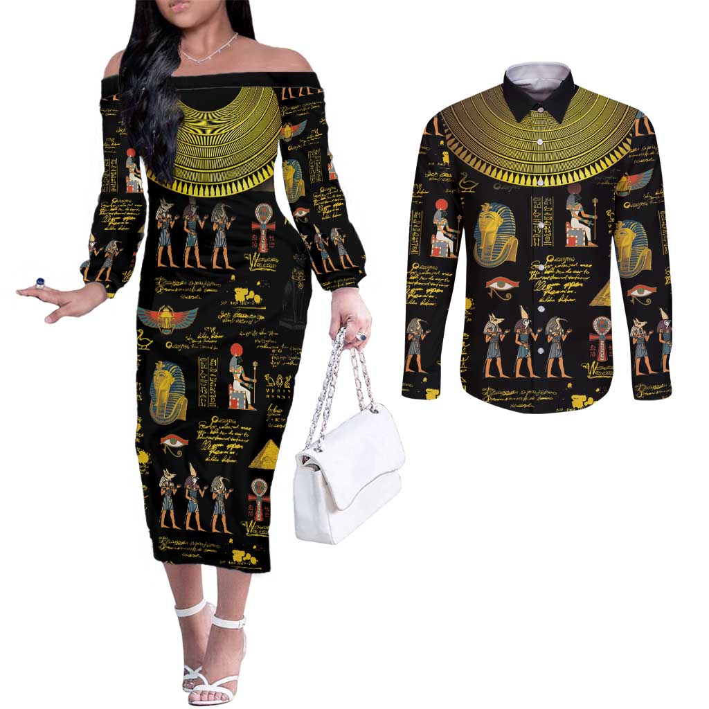 Ancient Egypt and Hieroglyphs Couples Matching Off The Shoulder Long Sleeve Dress and Long Sleeve Button Shirt