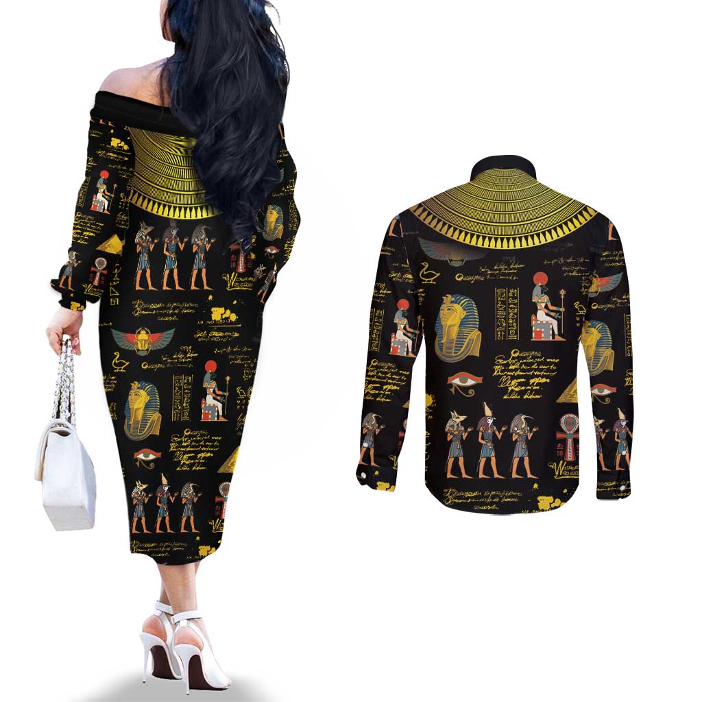 Ancient Egypt and Hieroglyphs Couples Matching Off The Shoulder Long Sleeve Dress and Long Sleeve Button Shirt