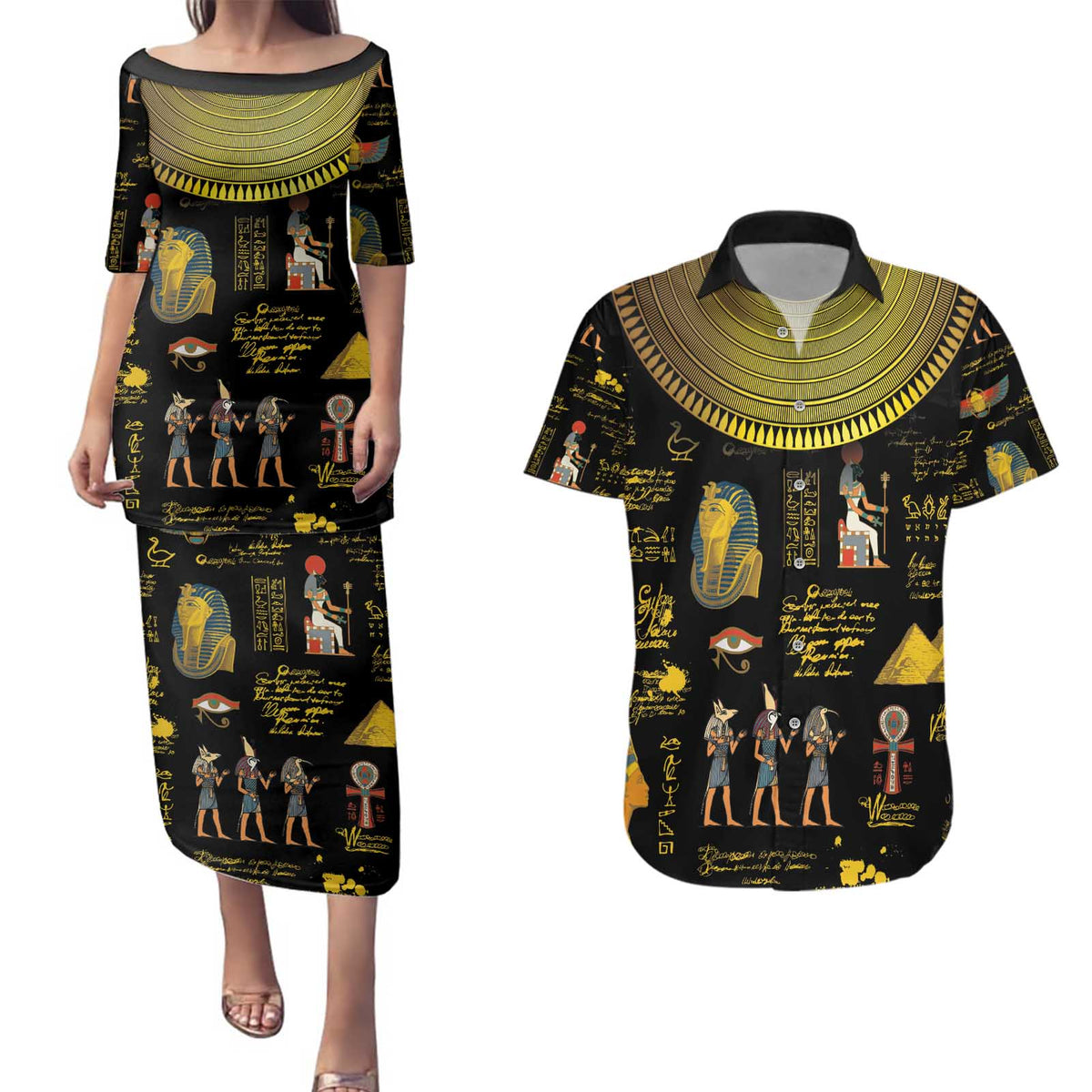 Ancient Egypt and Hieroglyphs Couples Matching Puletasi and Hawaiian Shirt LT9 - Wonder Print Shop