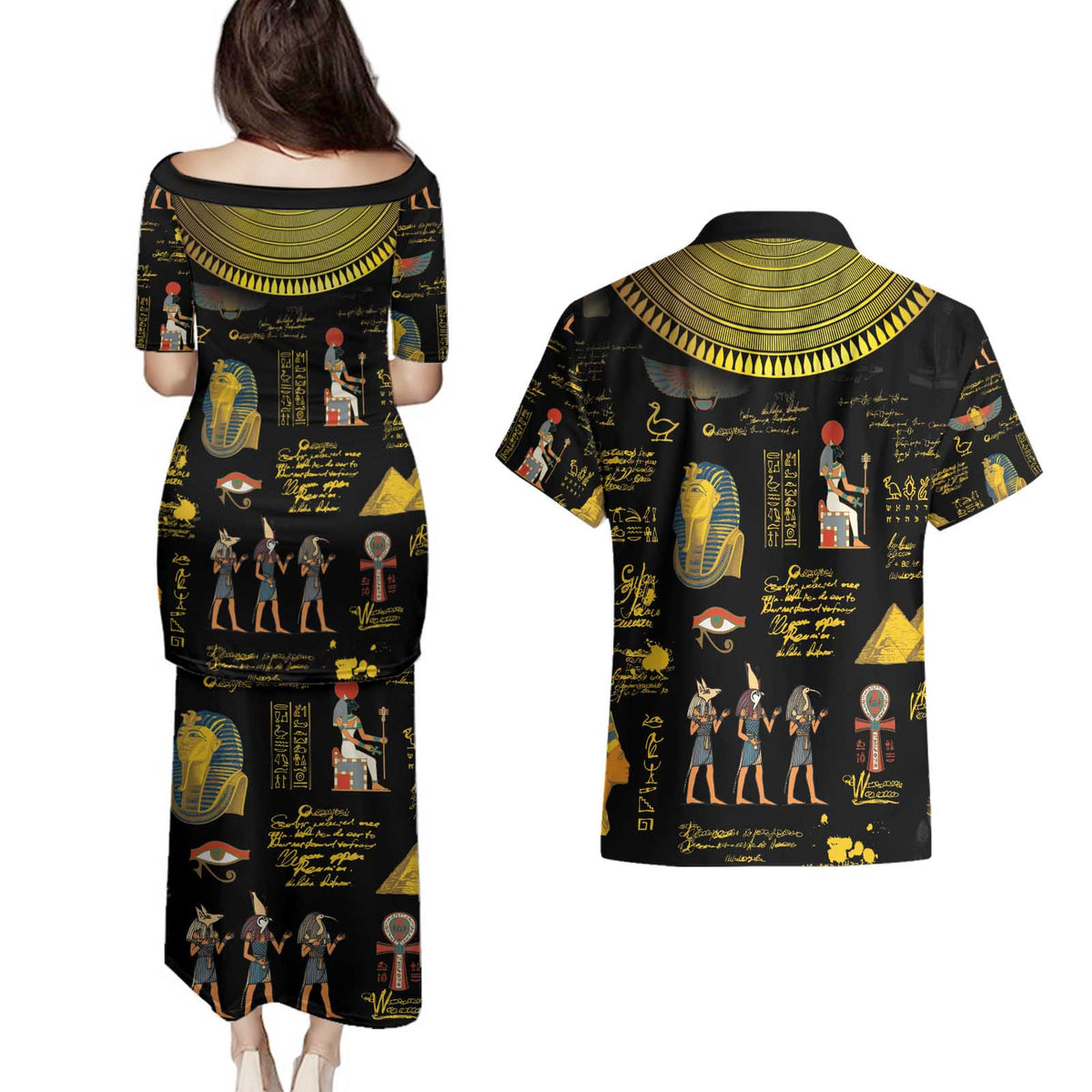 Ancient Egypt and Hieroglyphs Couples Matching Puletasi and Hawaiian Shirt LT9 - Wonder Print Shop