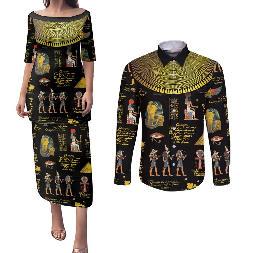 Ancient Egypt and Hieroglyphs Couples Matching Puletasi and Long Sleeve Button Shirt LT9 - Wonder Print Shop