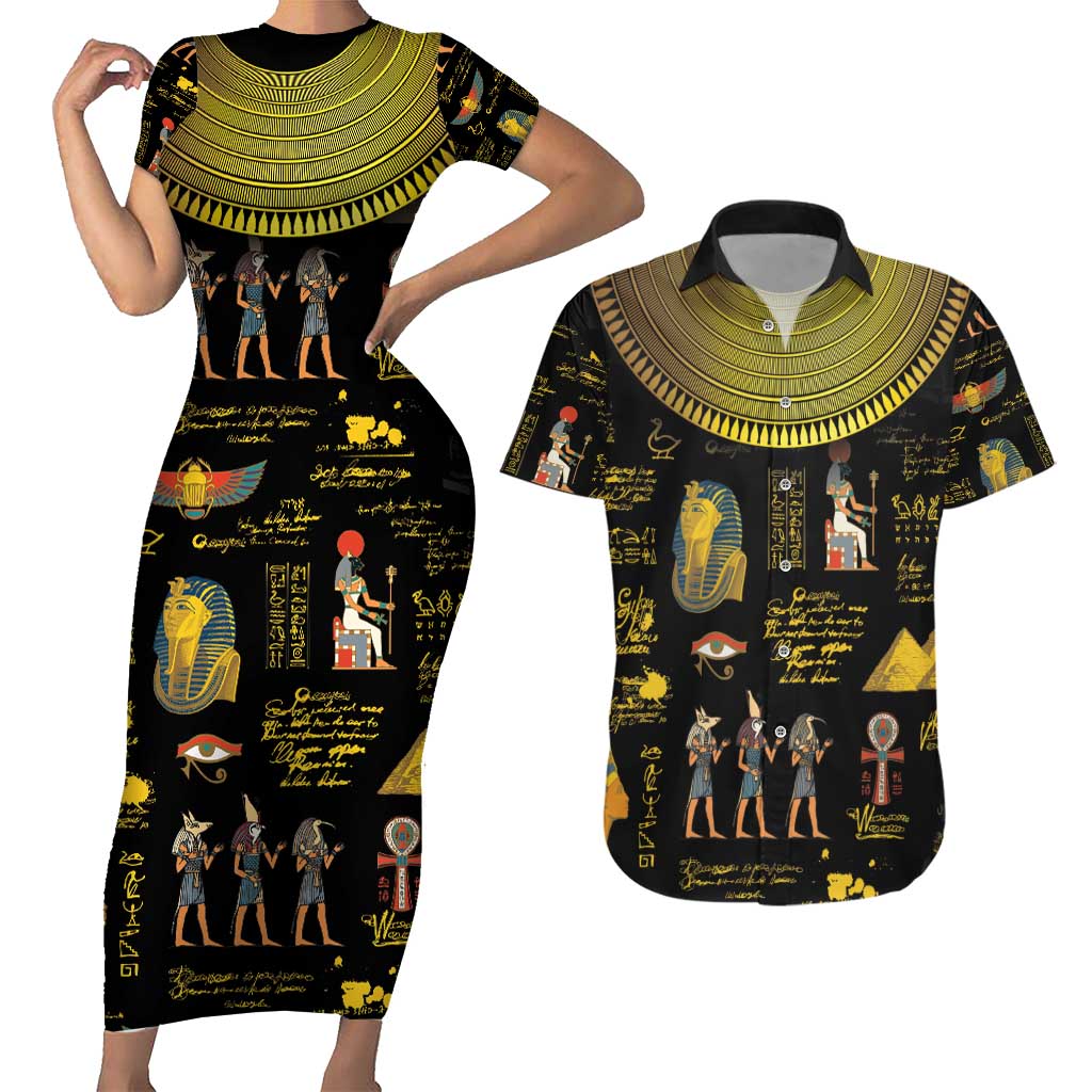 Ancient Egypt and Hieroglyphs Couples Matching Short Sleeve Bodycon Dress and Hawaiian Shirt LT9 - Wonder Print Shop