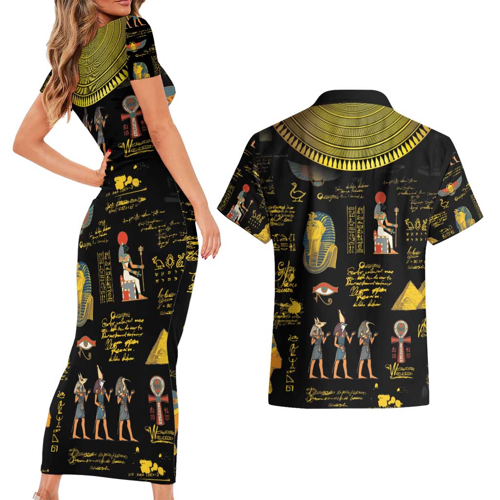 Ancient Egypt and Hieroglyphs Couples Matching Short Sleeve Bodycon Dress and Hawaiian Shirt LT9 - Wonder Print Shop