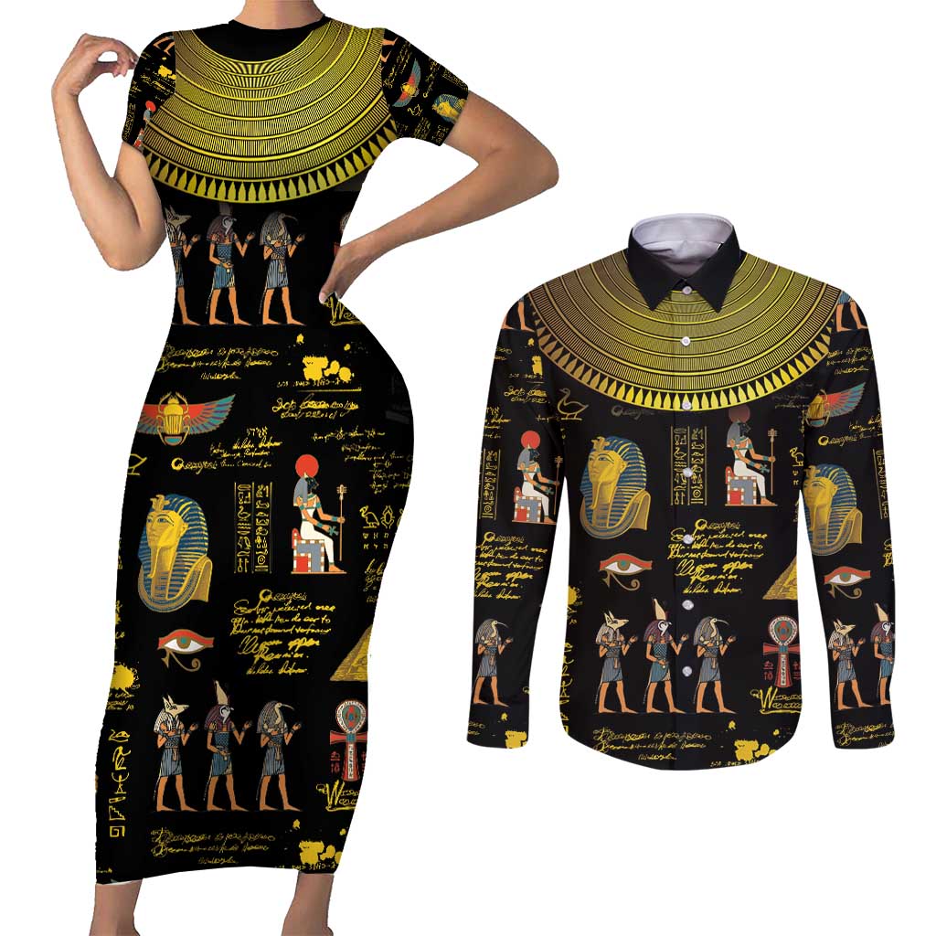 Ancient Egypt and Hieroglyphs Couples Matching Short Sleeve Bodycon Dress and Long Sleeve Button Shirt LT9 - Wonder Print Shop