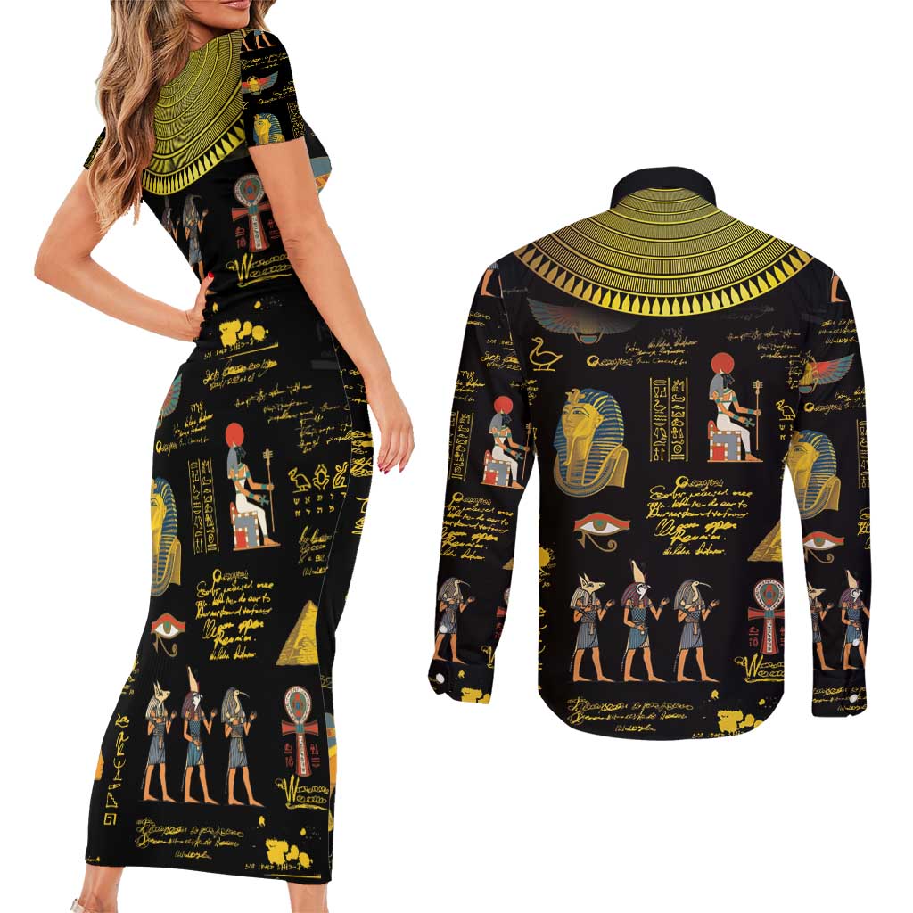 Ancient Egypt and Hieroglyphs Couples Matching Short Sleeve Bodycon Dress and Long Sleeve Button Shirt LT9 - Wonder Print Shop