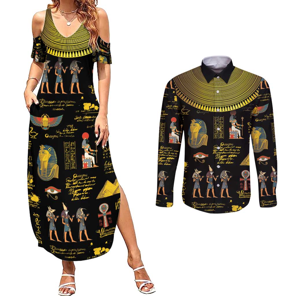 Ancient Egypt and Hieroglyphs Couples Matching Summer Maxi Dress and Long Sleeve Button Shirt LT9 - Wonder Print Shop
